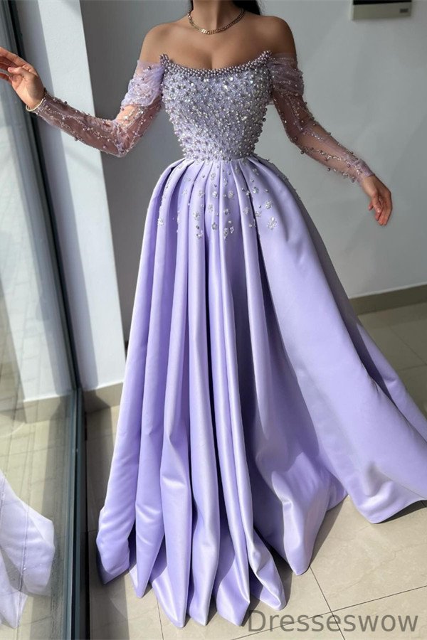Dresseswow Lilac Off-the-Shoulder Long Sleeves Evening Dress Long With Beads Pearls