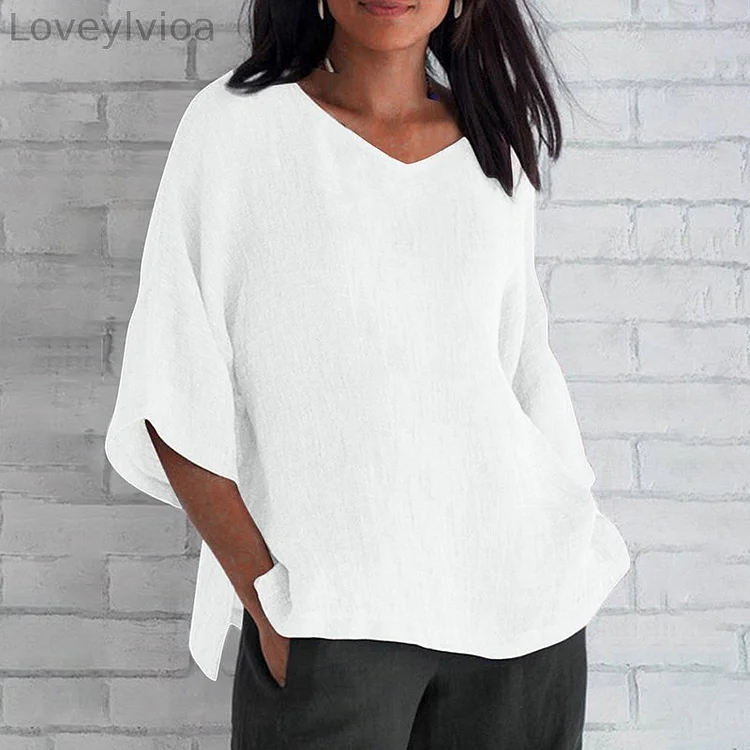 Loose V-Neck Elegant Solid Color Mid Sleeve Linen T-Shirt