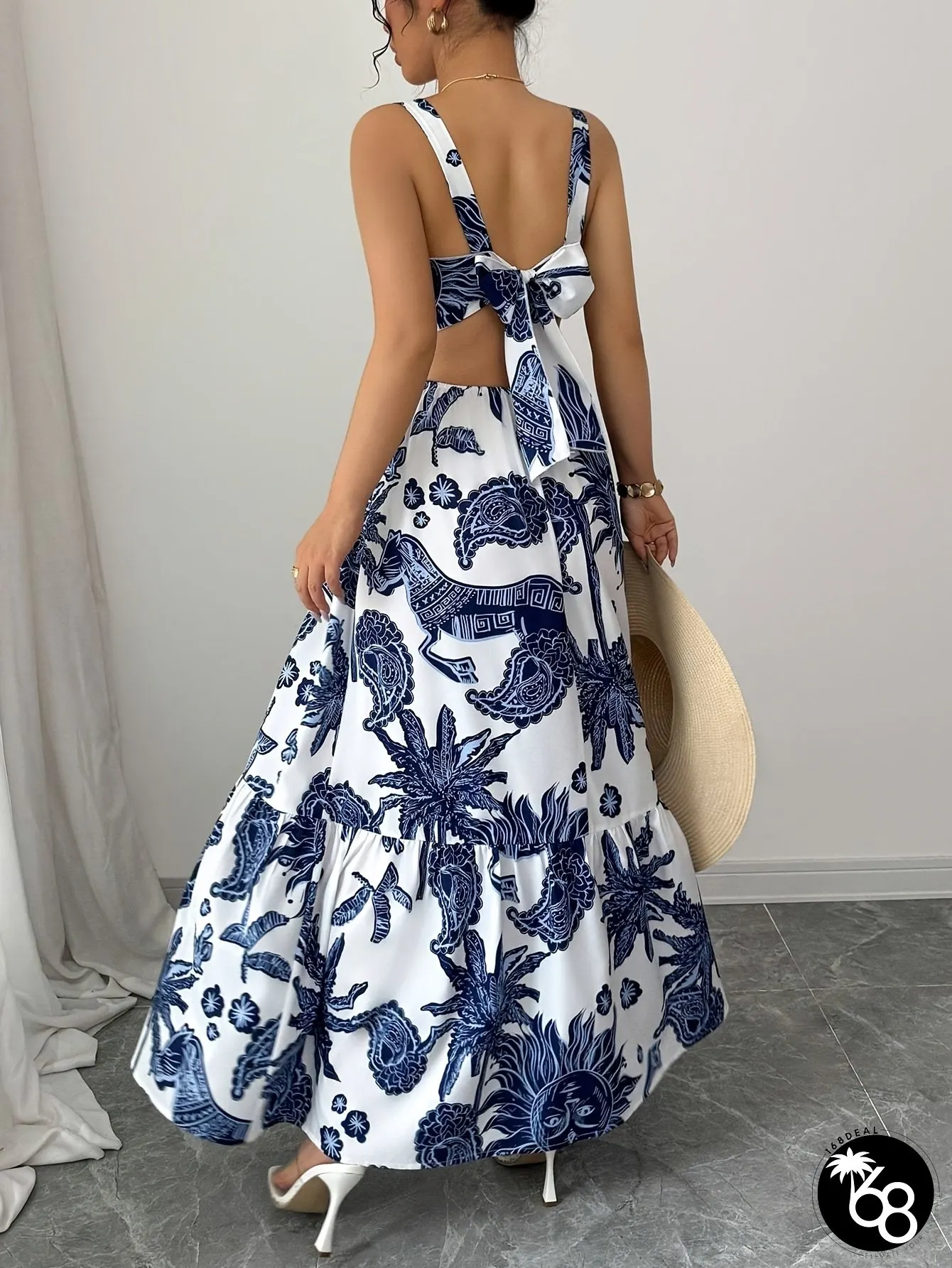 Bohemian Backless Sleeveless Dress With Tropical Leaf Print Square Neck Adjustable Waist | 168DEAL