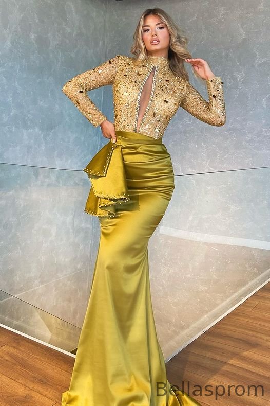 Bellasprom Long Sleeves Keyhole Prom Dresss Mermaid With Beads High Neck Bellasprom