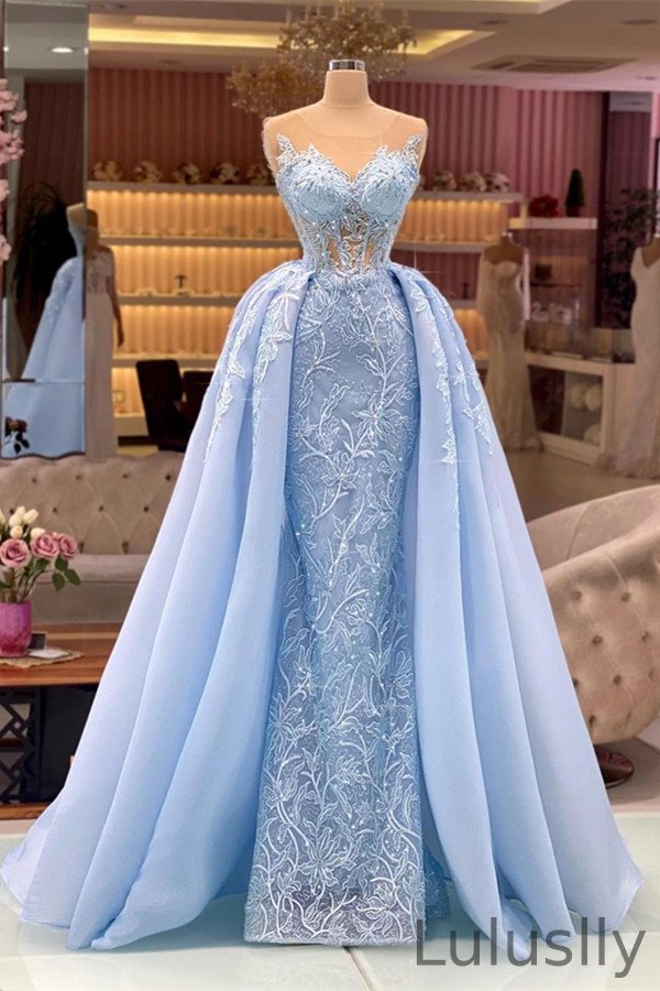 Luluslly Sky Blue Overskirt Prom Dress With Lace Appliques Mermaid Online