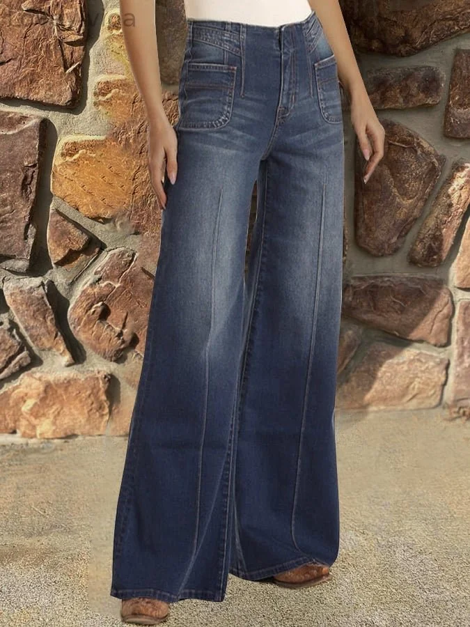 Casual Wide-Leg Jeans With Western Pockets