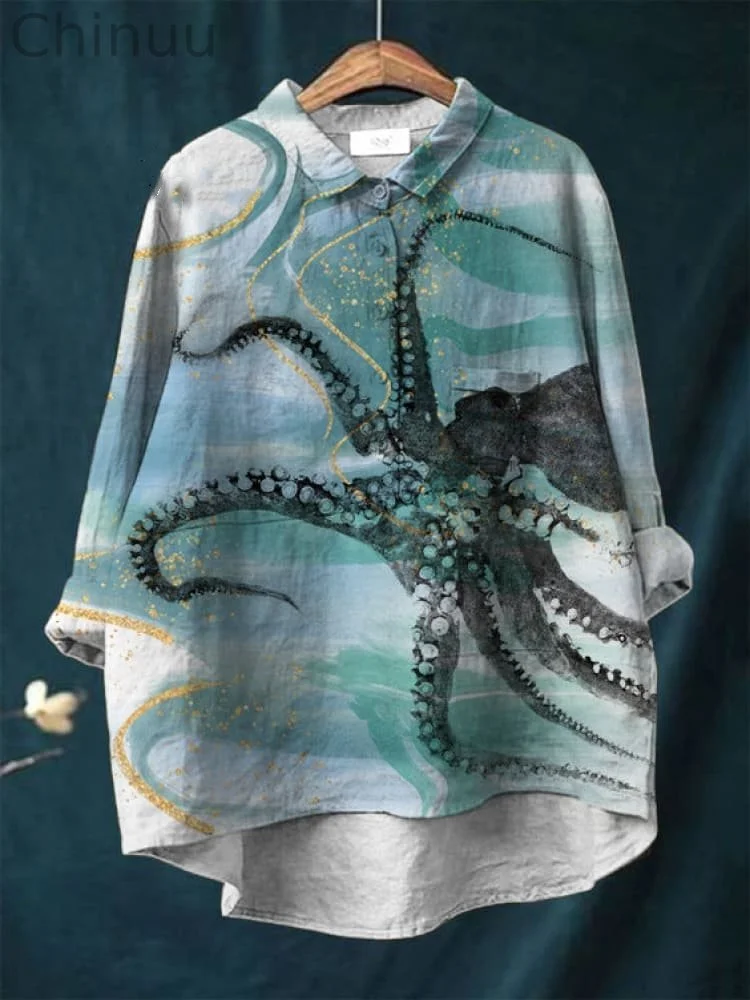 Vintage Japanese Octopus Pattern Art Print Casual Cotton And Linen Shirt