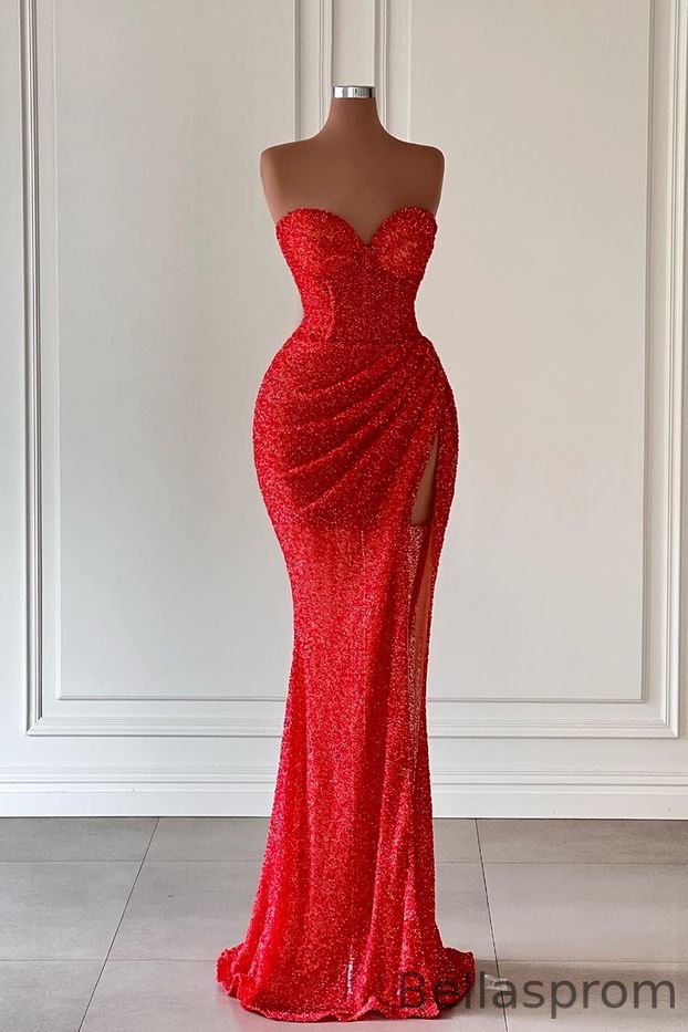 Bellasprom Red Mermaid Evening Dress Sequins Long With Slit Sweetheart Bellasprom
