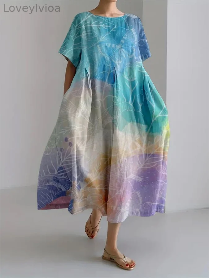 Ladies Casual With Gradient Botanical Floral Design Loose Dress