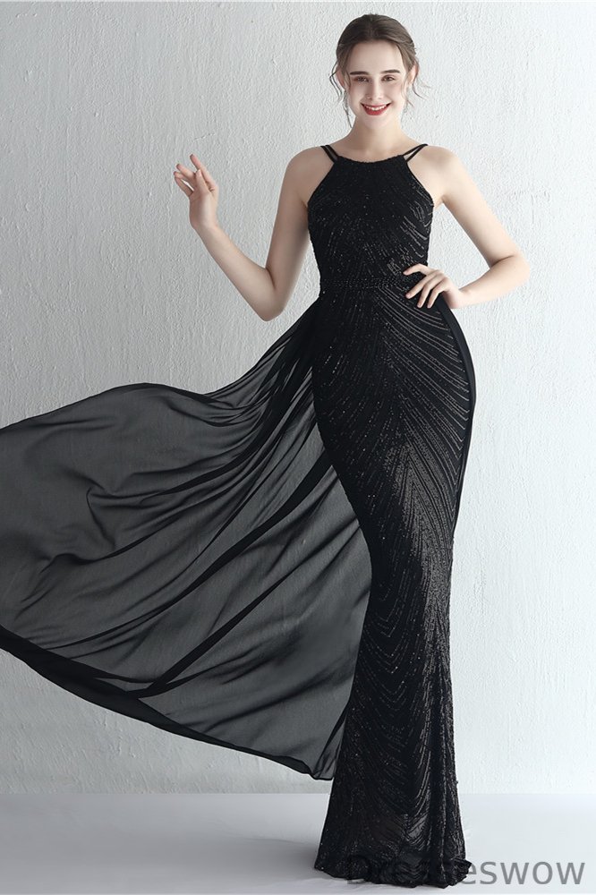 Dresseswow Halter Sleeveless Sequins Evening Dress Mermaid With Detachable Ruffle