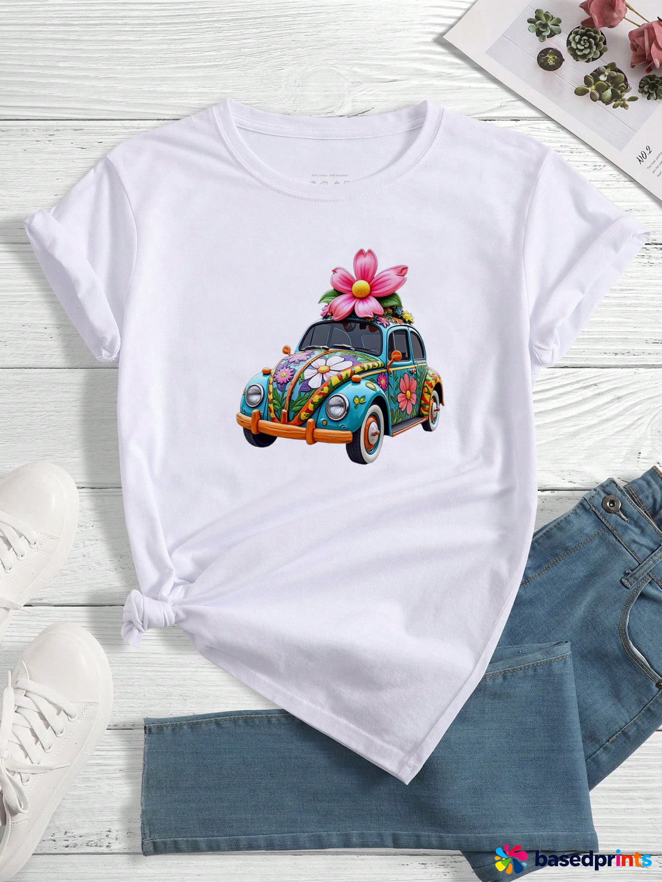 Hippie Car Print Short Sleeve T-Shirt Women's Casual Cotton Tee Tops
