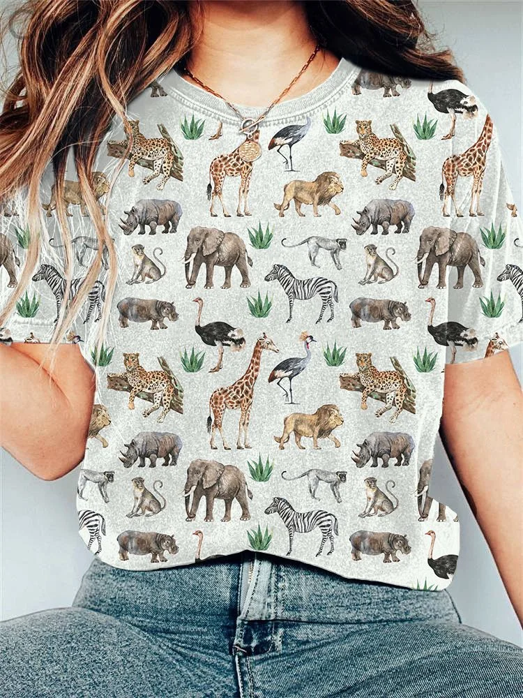Watercolor Animals Print Casual Cotton T-shirt
