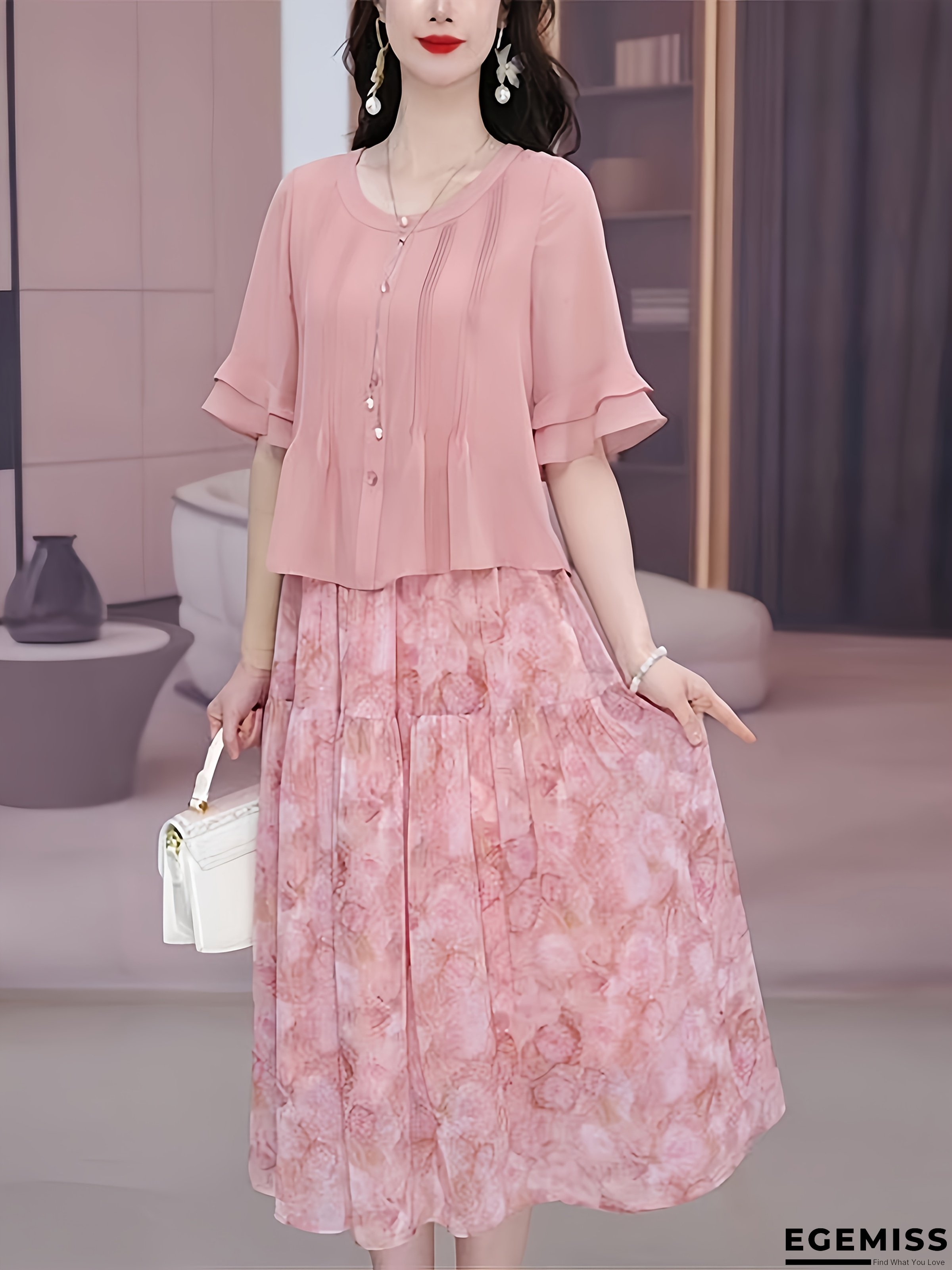 Plus Size - Elegant Plus Size Floral Print Chiffon Midi Dress with Ruffle Sleeves and Button Front - Lightweight, Flowy Design for Spring/Summer/Fall, Casual Elegant Wear | Ruffle Sleeve Dress | Chiffon Fabric | EGEMISS