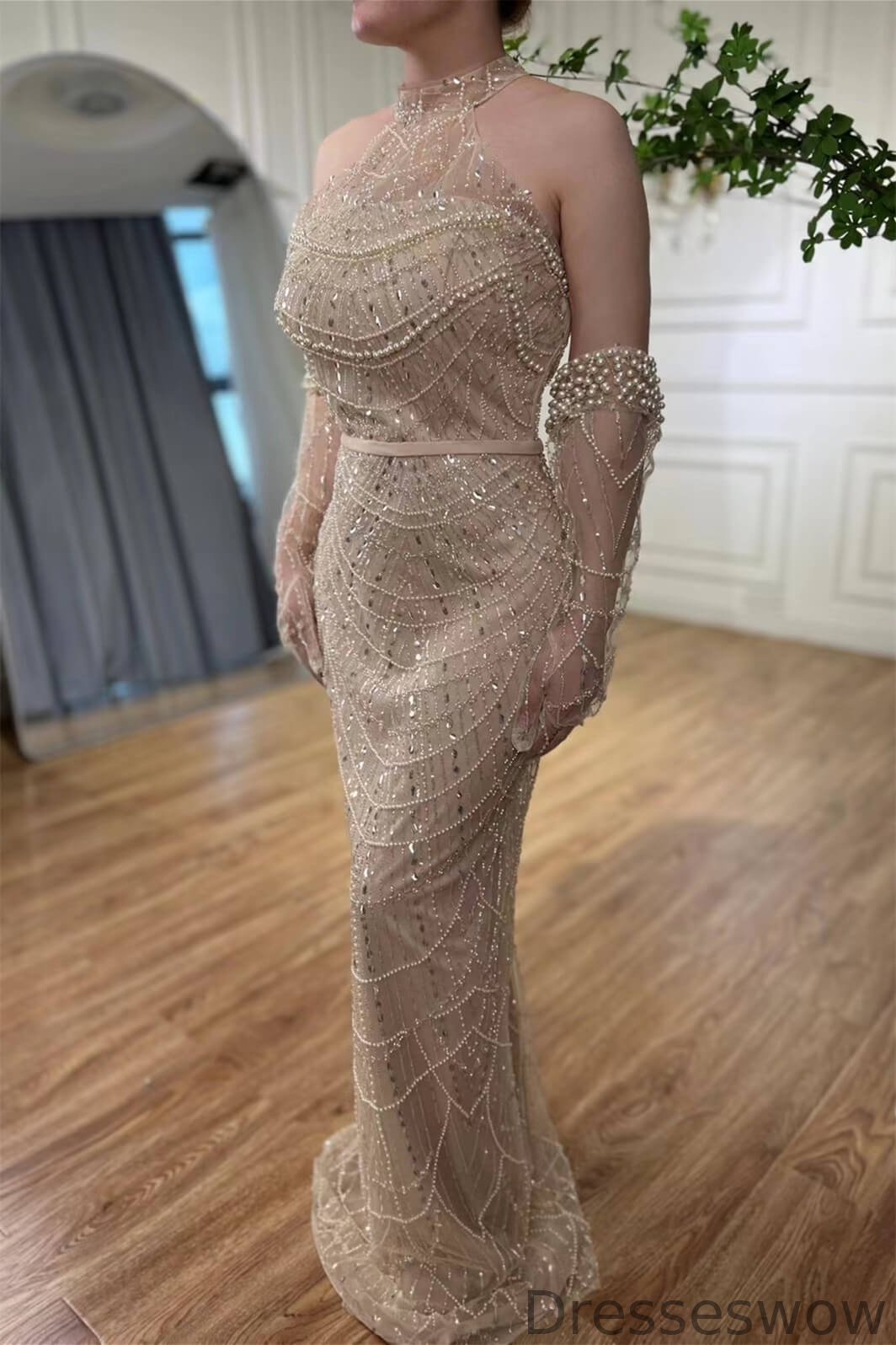 Dresseswow High Neck Sleeveless Mermaid Evening Party Dresses Long With Pearls Gloves