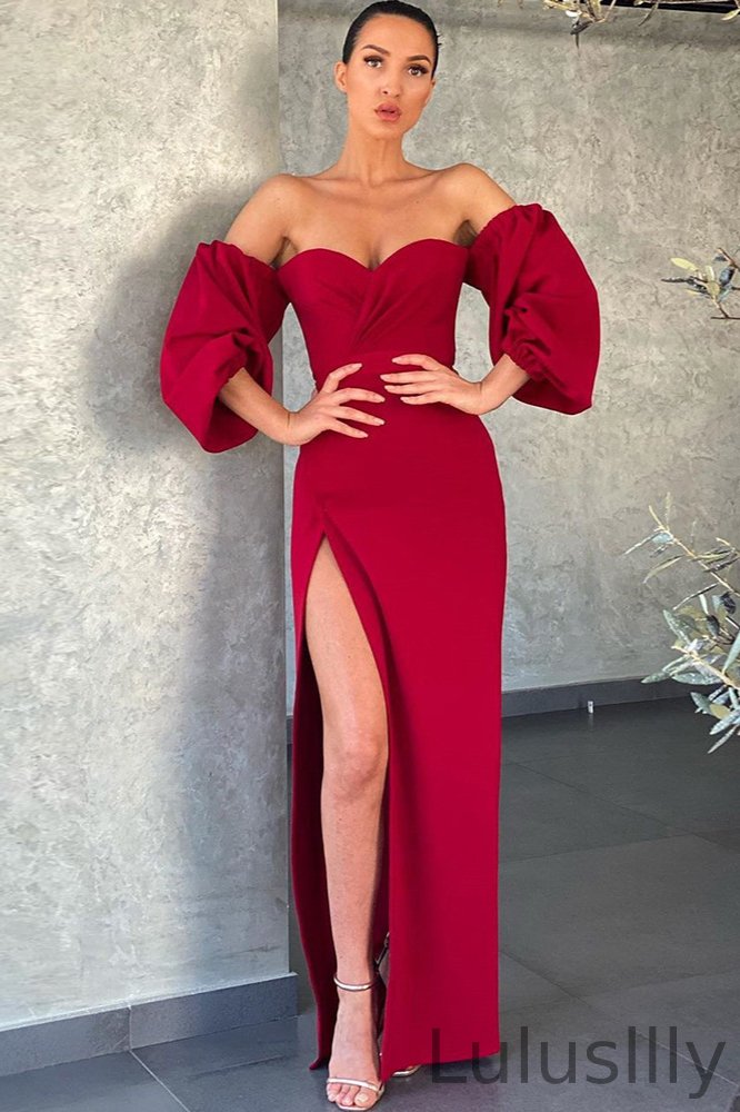 Off-the-Shoulder Bubble Sleeves Mermaid Prom Dress Long Evening Gowns With Slit - lulusllly