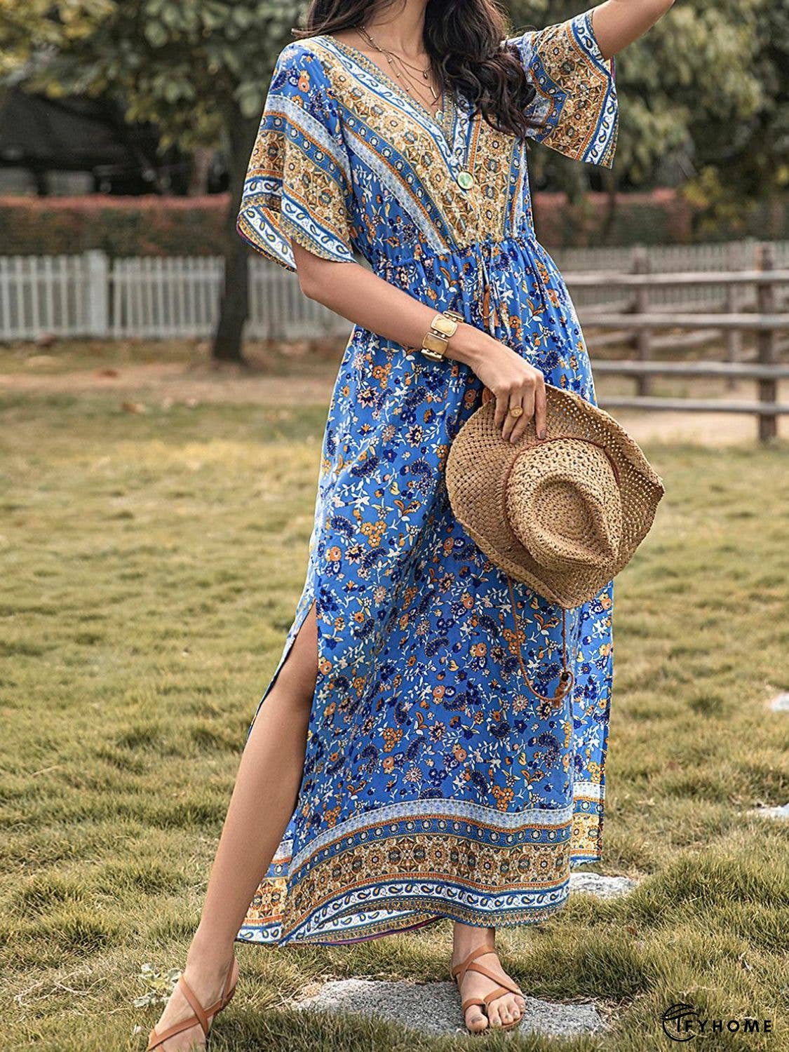 Slit Printed V-Neck Half Sleeve Maxi Dress | IFYHOME