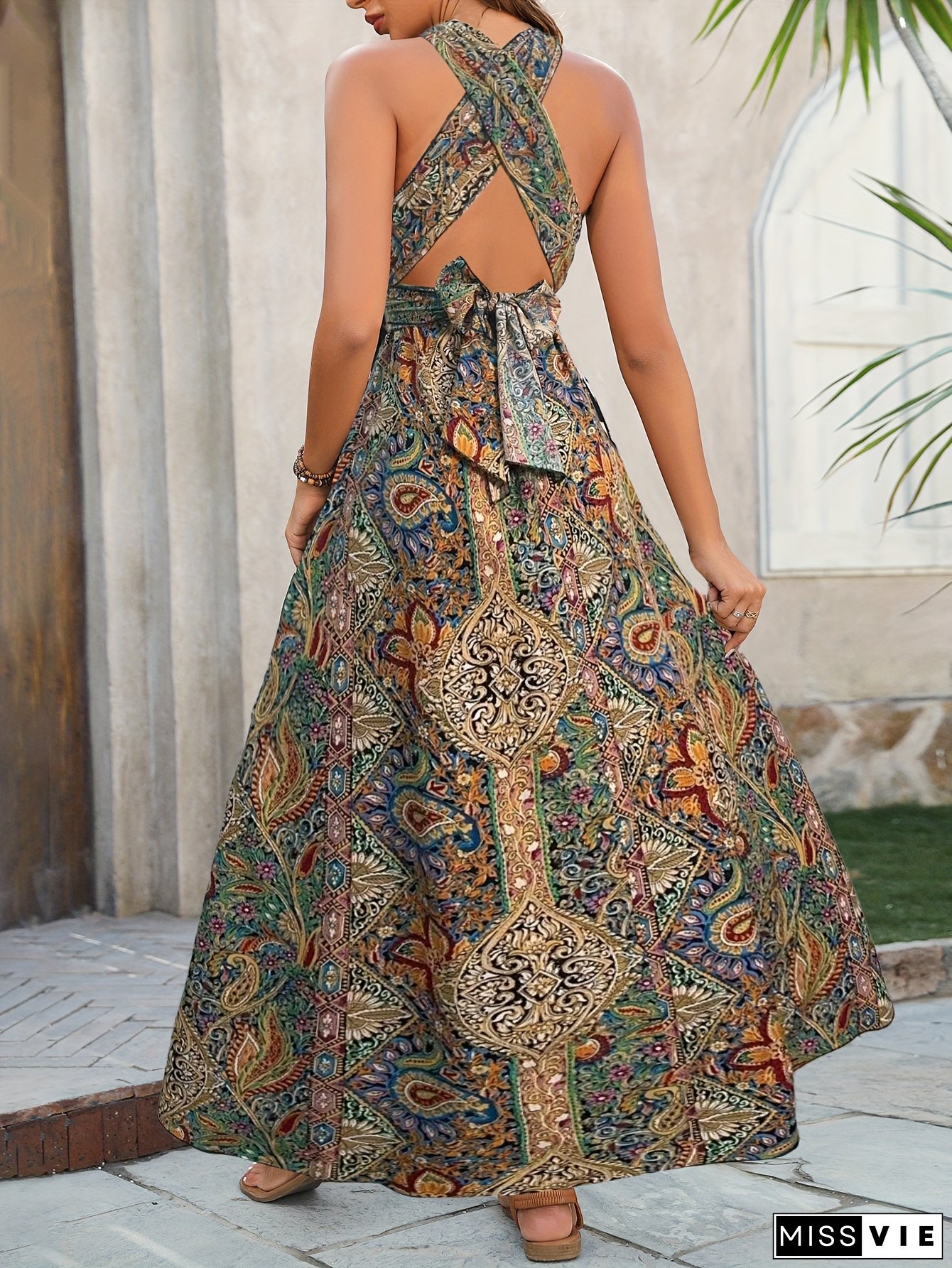 Women's Casual Geometric Print Sleeveless Crossover Dress - Off-Shoulder/One-Shoulder Belted Waist Long Formal Dress, Machine Washable All-Season Elegant Party & Evening Wear