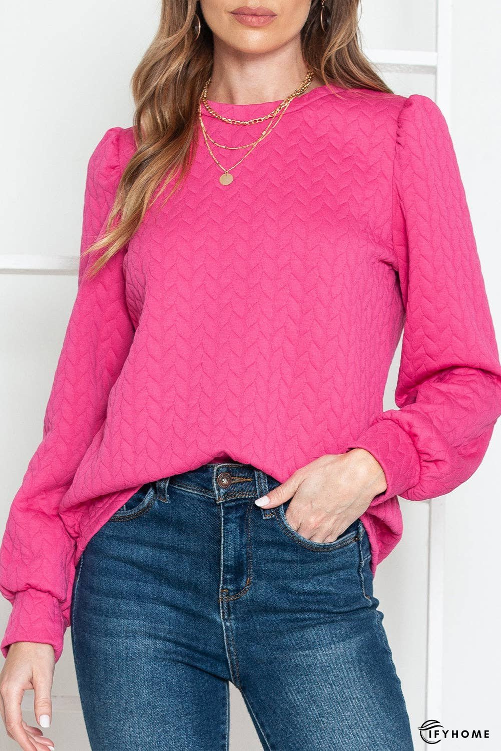 Rosy Waffle Quilted Puff Sleeve Sweatshirt | IFYHOME
