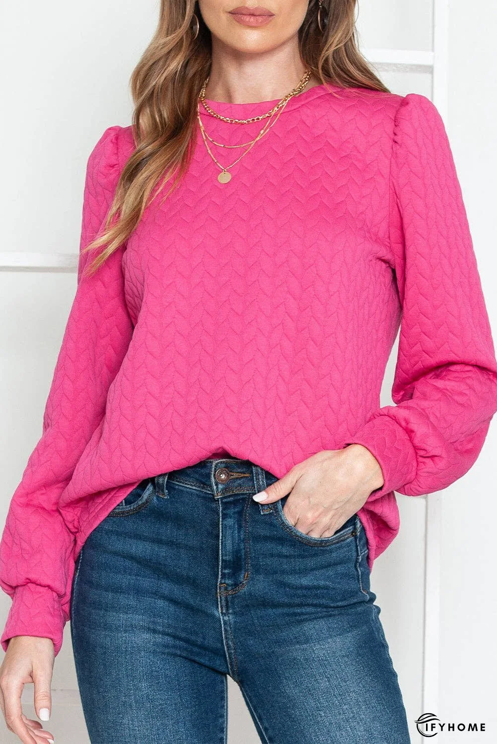 Rosy Waffle Quilted Puff Sleeve Sweatshirt | IFYHOME