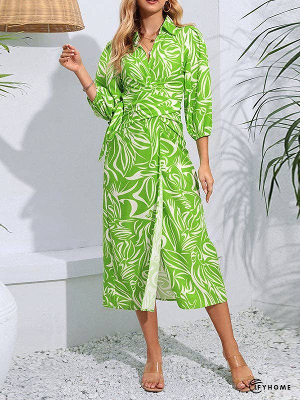 A-Line High Waisted Elasticity Printed Tied Waist Lapel Midi Dresses Shirt Dress | IFYHOME
