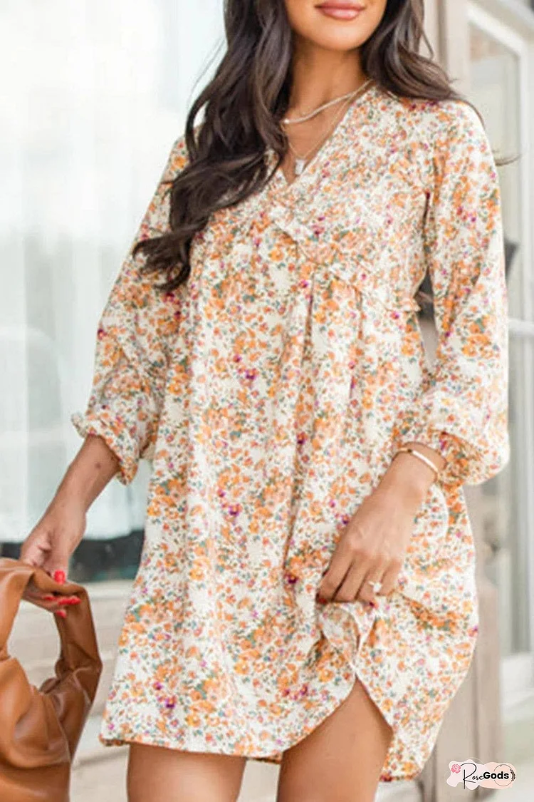 Printed V-Neck Balloon Sleeve Mini Dress
