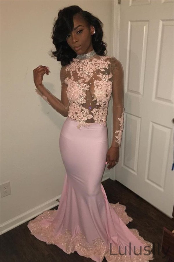 Luluslly High Neck Long Sleeves Pink Prom Dress Lace Appliques Mermaid Party Gowns