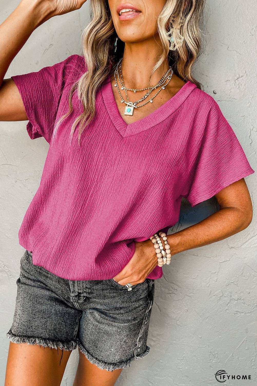Bright Pink Basic Plain Textured V Neck Blouse | IFYHOME