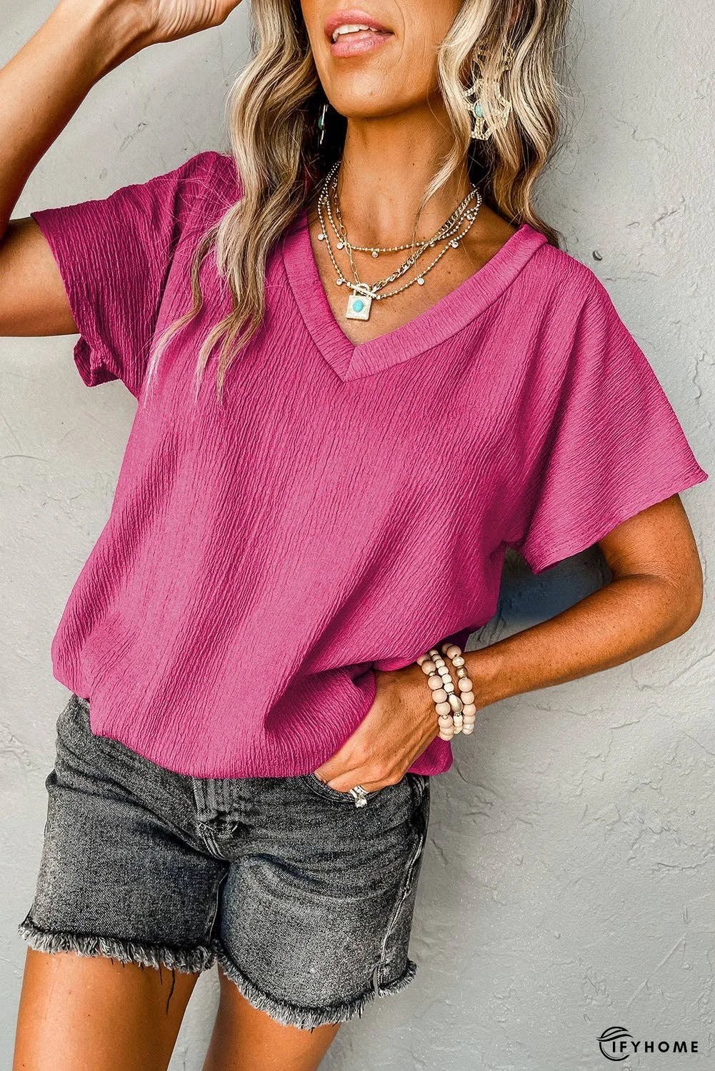 Bright Pink Basic Plain Textured V Neck Blouse | IFYHOME