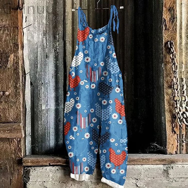 Farm Chicken Floral Farmhouse Style Art Linen Blend Casual Jumpsuit