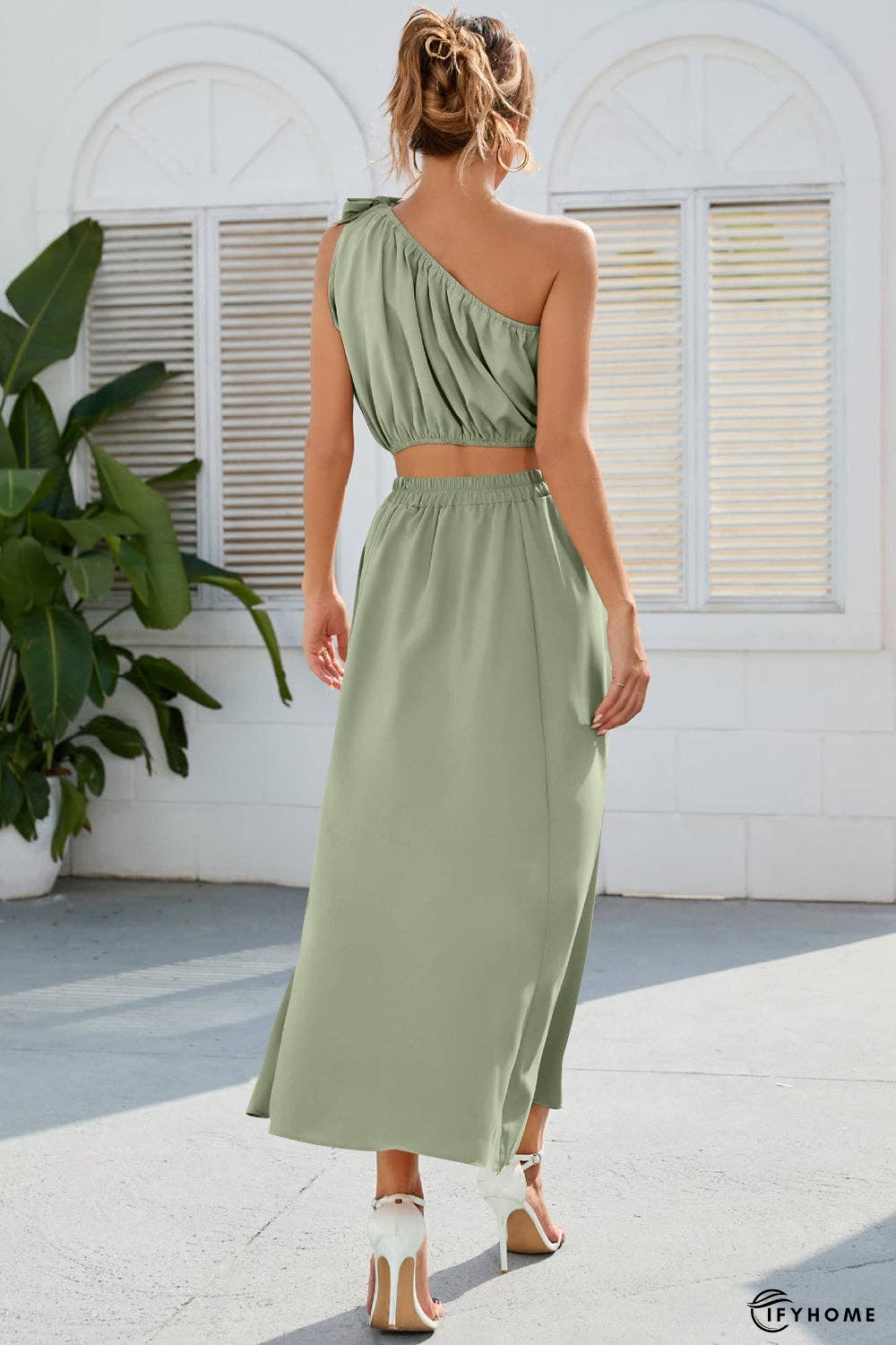 Ruched One Shoulder Top and Slit Skirt Set | IFYHOME