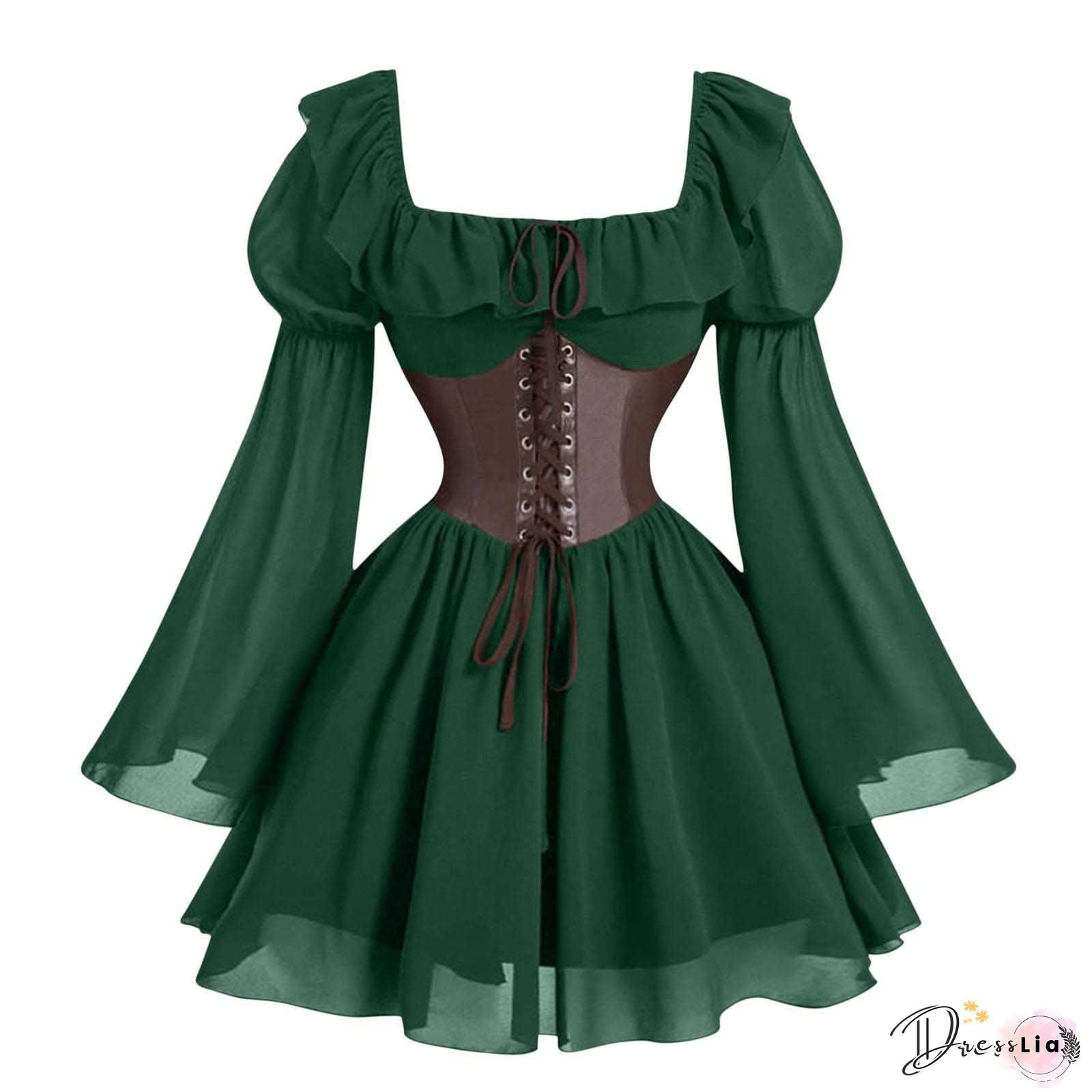 Autumn Pleated A-Line Vintage Dress, Semi-Formal Women's Fall Clothing With Bow Tie Long Sleeve Off-The-Shoulder Belted Waist Slim Fit Commuter Dress, Evening Wear, Office Attire, Offshoulder Design, Elegant Dress, Classic Tailoring, Tailored Fit