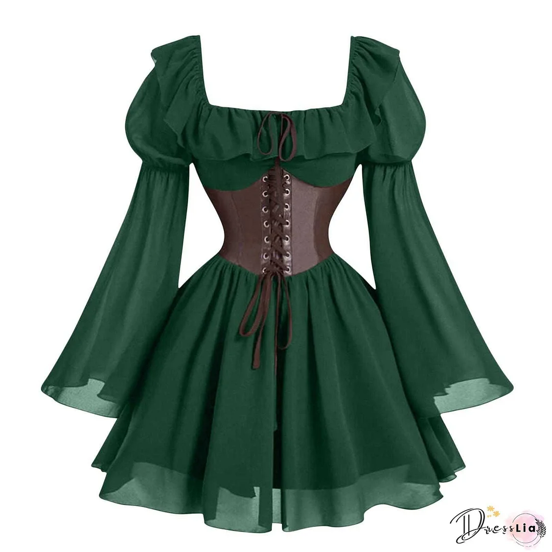 Autumn Pleated A-Line Vintage Dress, Semi-Formal Women's Fall Clothing With Bow Tie Long Sleeve Off-The-Shoulder Belted Waist Slim Fit Commuter Dress, Evening Wear, Office Attire, Offshoulder Design, Elegant Dress, Classic Tailoring, Tailored Fit