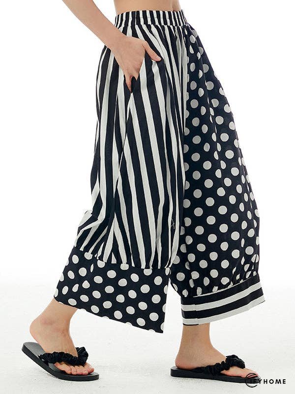 Loose Wide Leg Contrast Color Elasticity Polka-Dot Split-Joint Striped Cropped Trousers Pants | IFYHOME