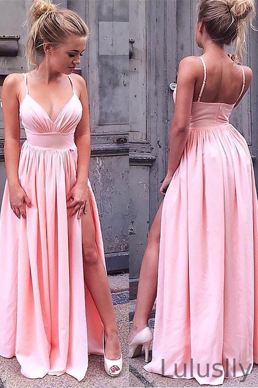 Luluslly Spaghetti-Straps Pink Long Prom Dress With Slit