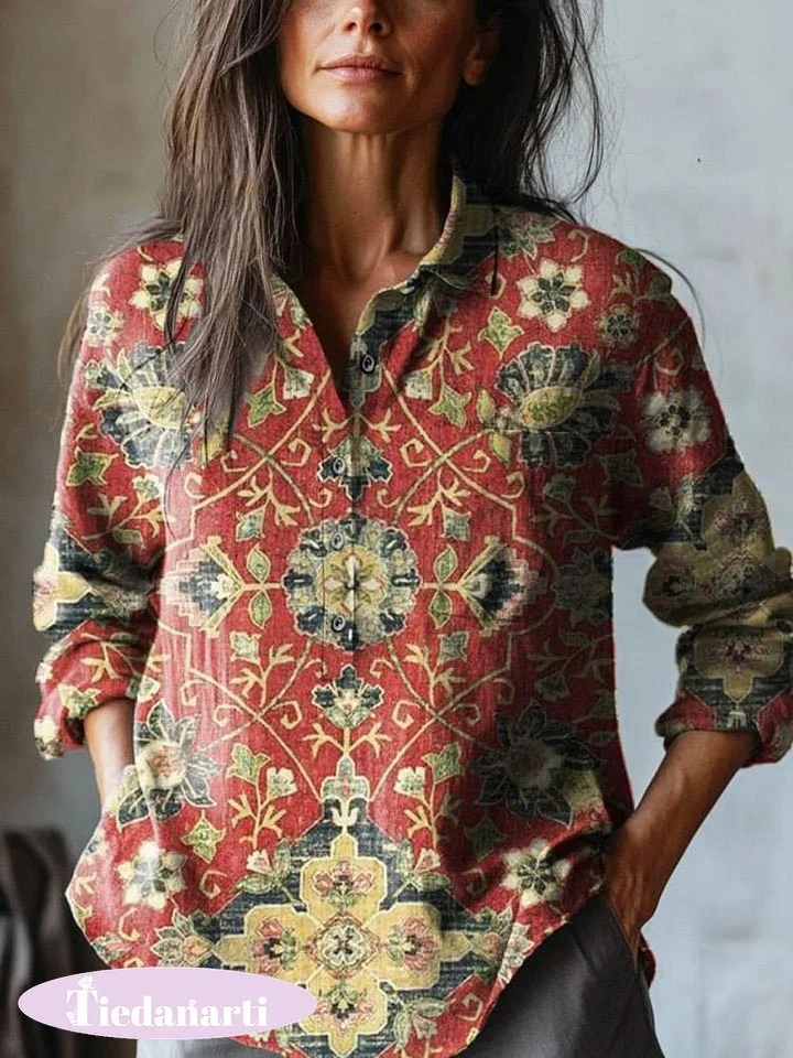 Women's Vintage Lovely Floral Art Print Casual Cotton And Linen Shirt