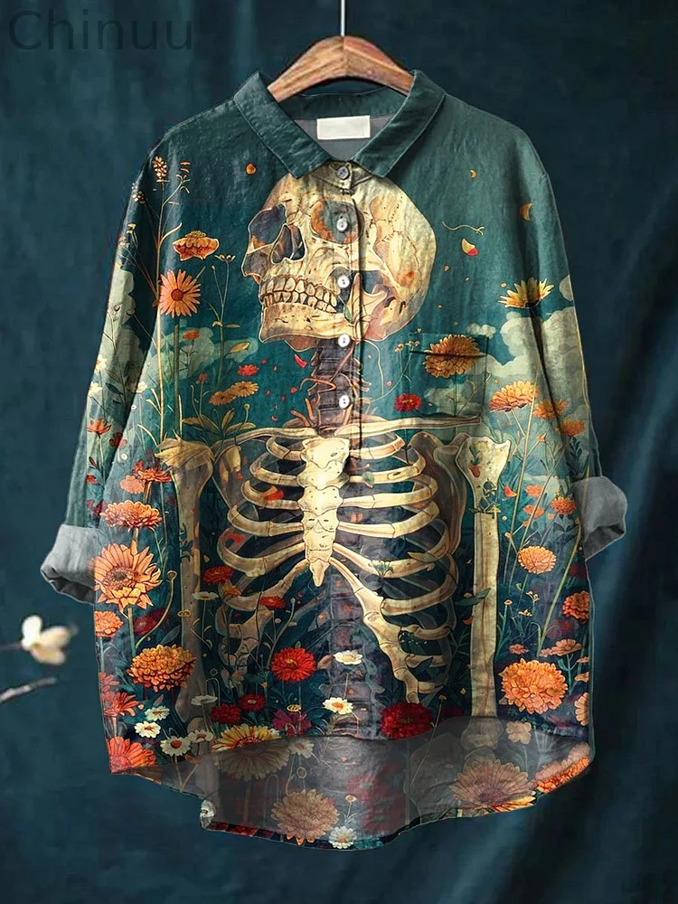 Vintage Lovely Skull Floral Art Print Casual Cotton And Linen Shirt
