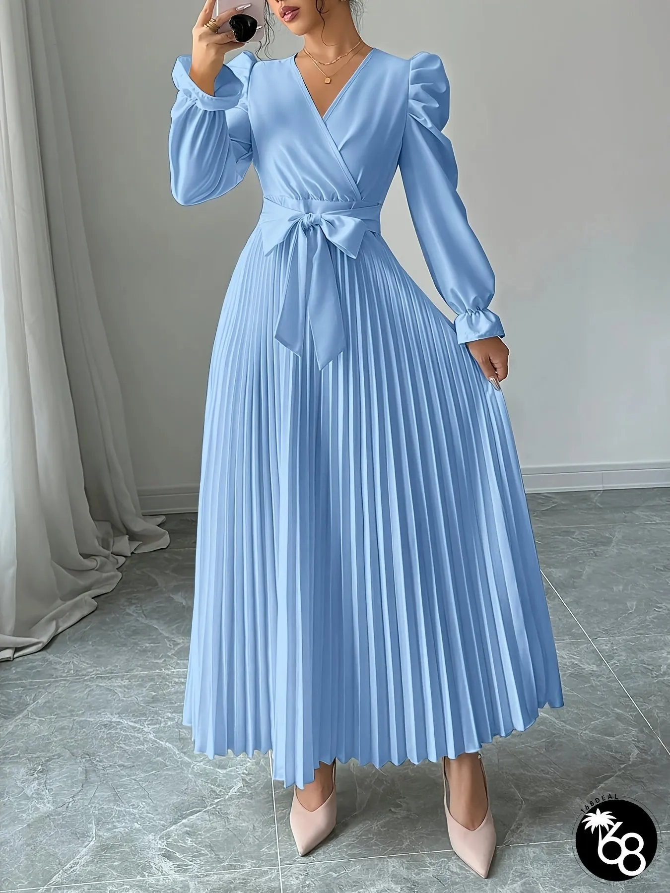 Womens Elegant V-Neck Tie-Waist A-Line Maxi Dress With Puffed Short Sleeves Smock Neckline | 168DEAL