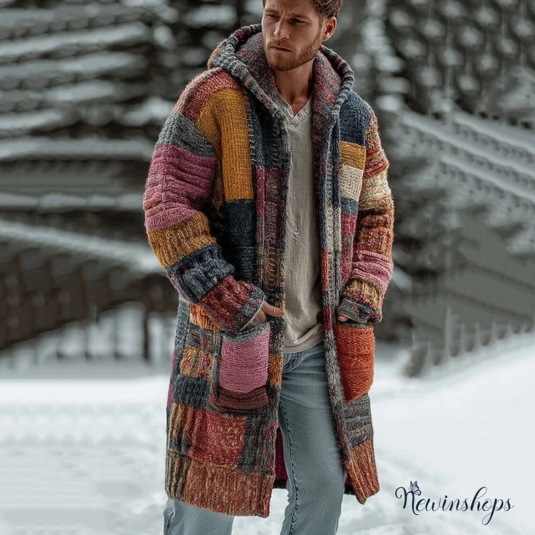 Men's Vintage Geometric Jacquard Knitted Comfort Hooded Cardigan