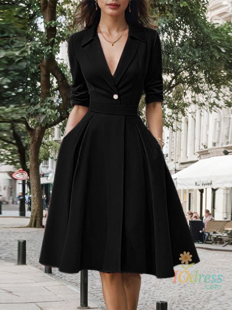 IO Dress Shop 2025 Summer Dresses Women Fashion Suit Collar Waisted Office Lady Vestidos Vintage Sundress Half Sleeve Solid Party Robe IO Dress