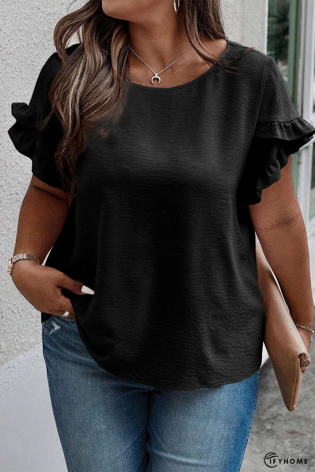 Plus Size Ruffled Round Neck Short Sleeve Blouse | IFYHOME