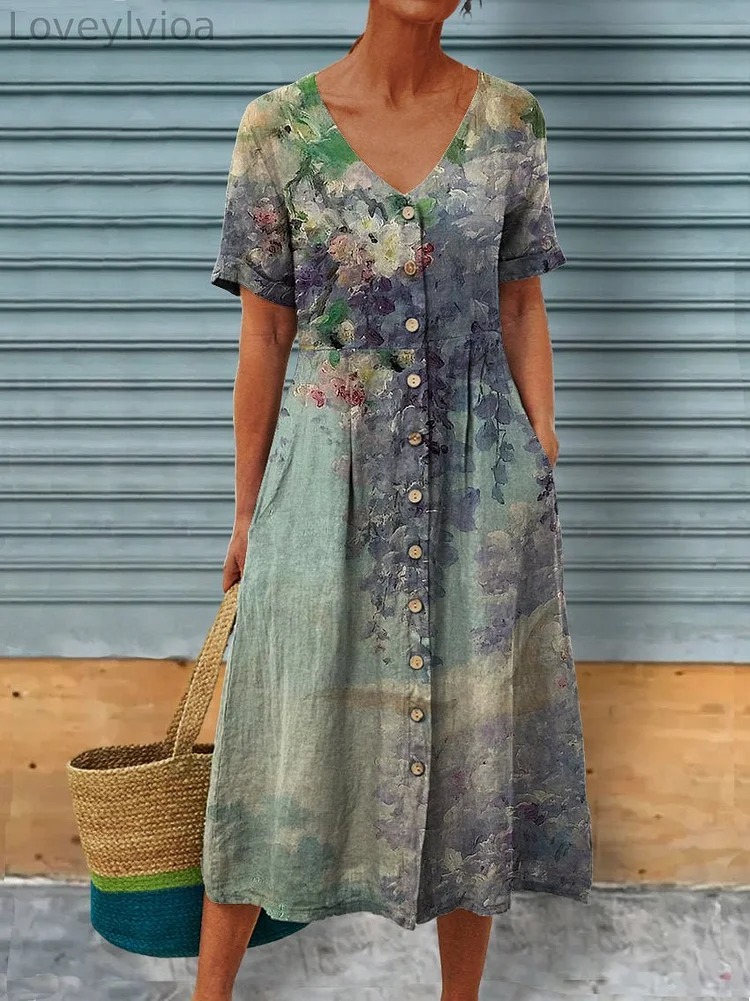 Women's Vintage Spring Flowers Linen Pocket Tunic Dress