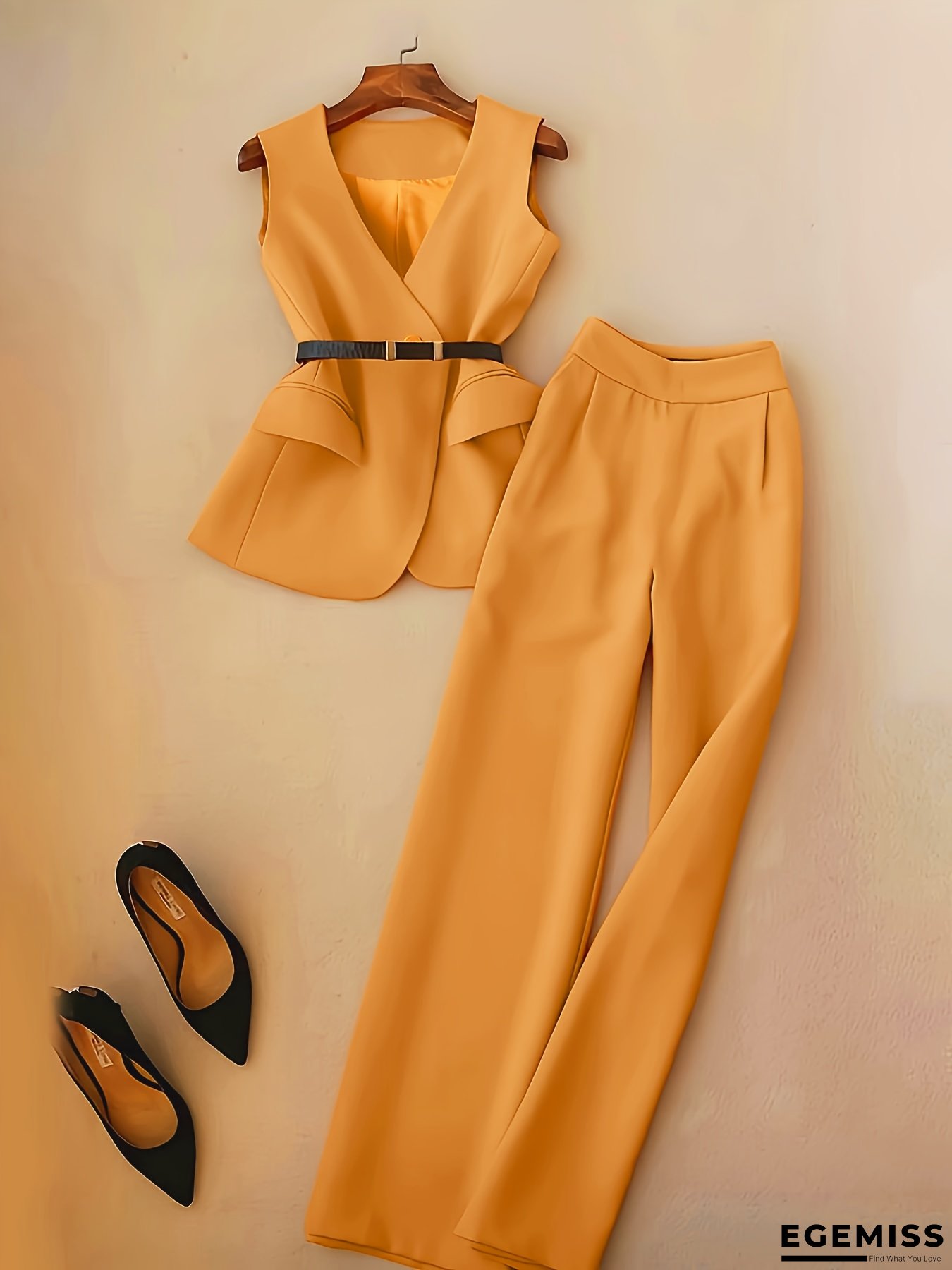Slim Fit V-Neck Suit Jacket & High-Waisted Wide-Leg Pants - Elegant Solid Color Office Wear, Spring/Summer Collection | French Vintage Style Polyester Suit Blazer | EGEMISS