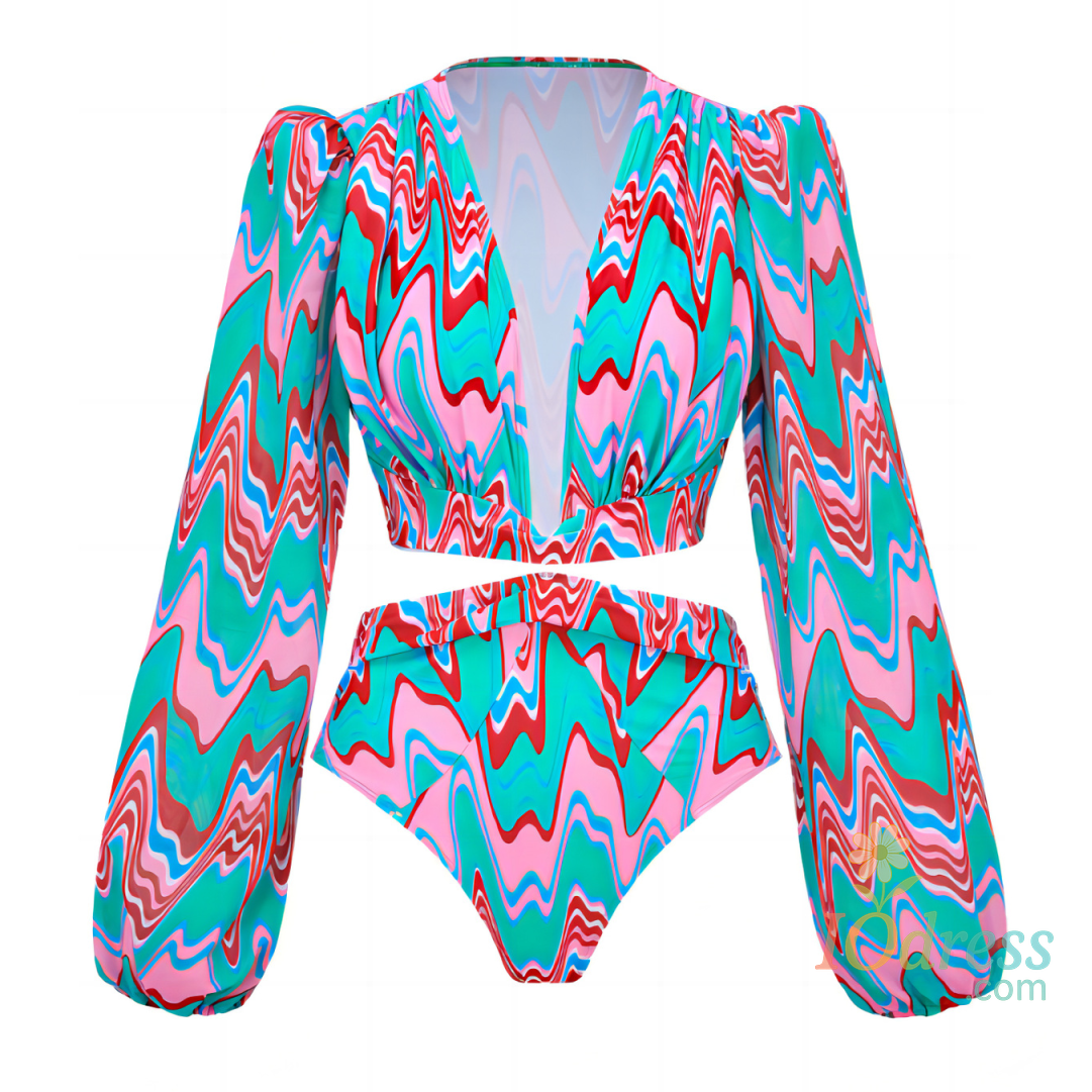 IO Dress One Piece Swimsuit 2024 Long Sleeve Swimwear Women Bandage Print Monokini Sexy Black Bathing Suit String Backless Beachwear