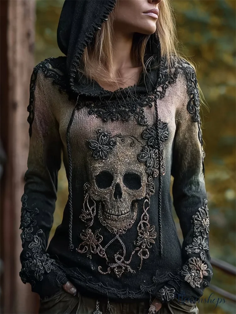 Vintage Skull Floral Gradient Comfy Knit Hooded Sweater