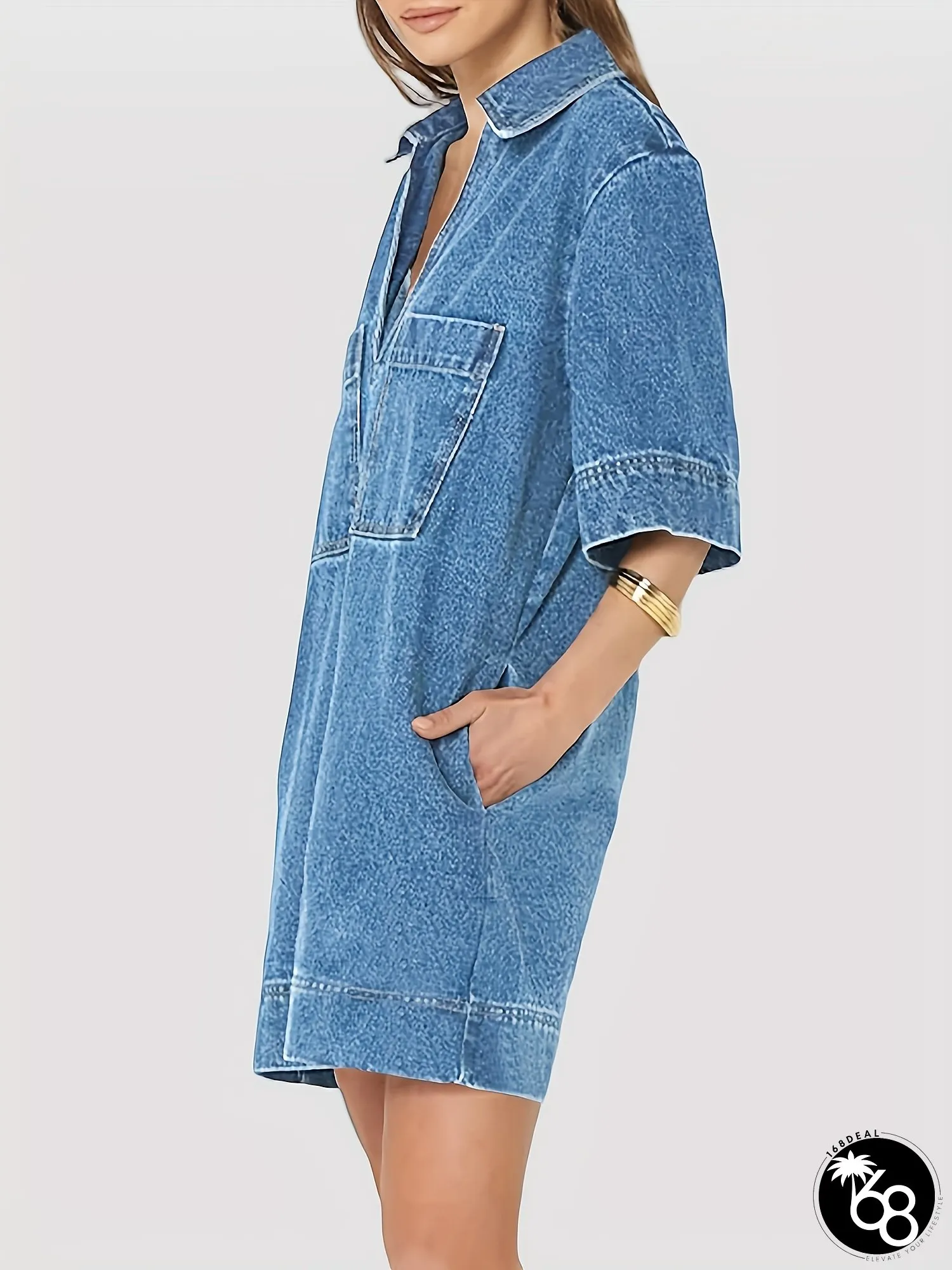 Womens Casual Mini Denim Shirt Dress V-Neck Collared Jean with Pockets Lightweight Blend | 168DEAL