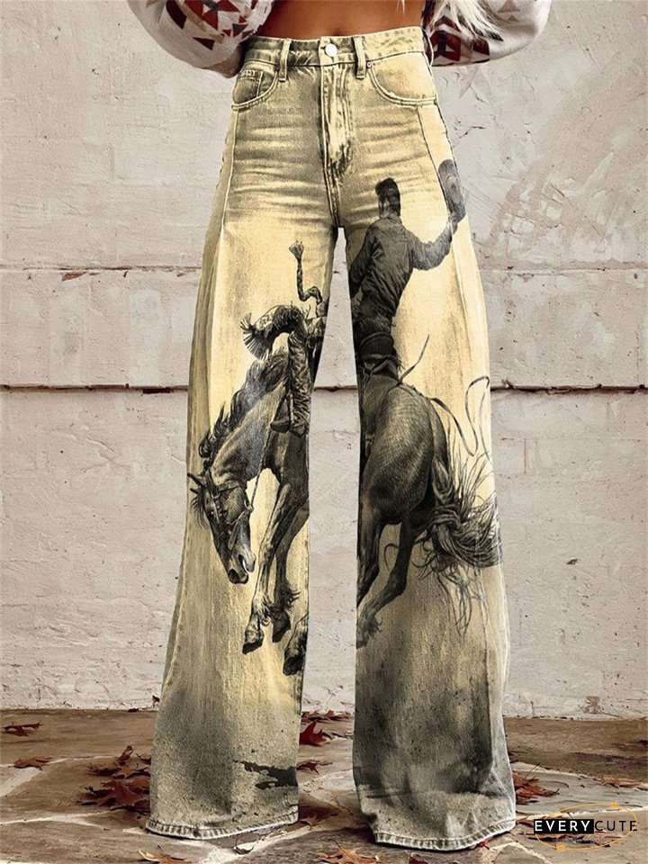 Women's New 3D Printed Flare Pants Imitation Denim Pants Jeans