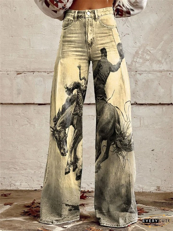Women's New 3D Printed Flare Pants Imitation Denim Pants Jeans
