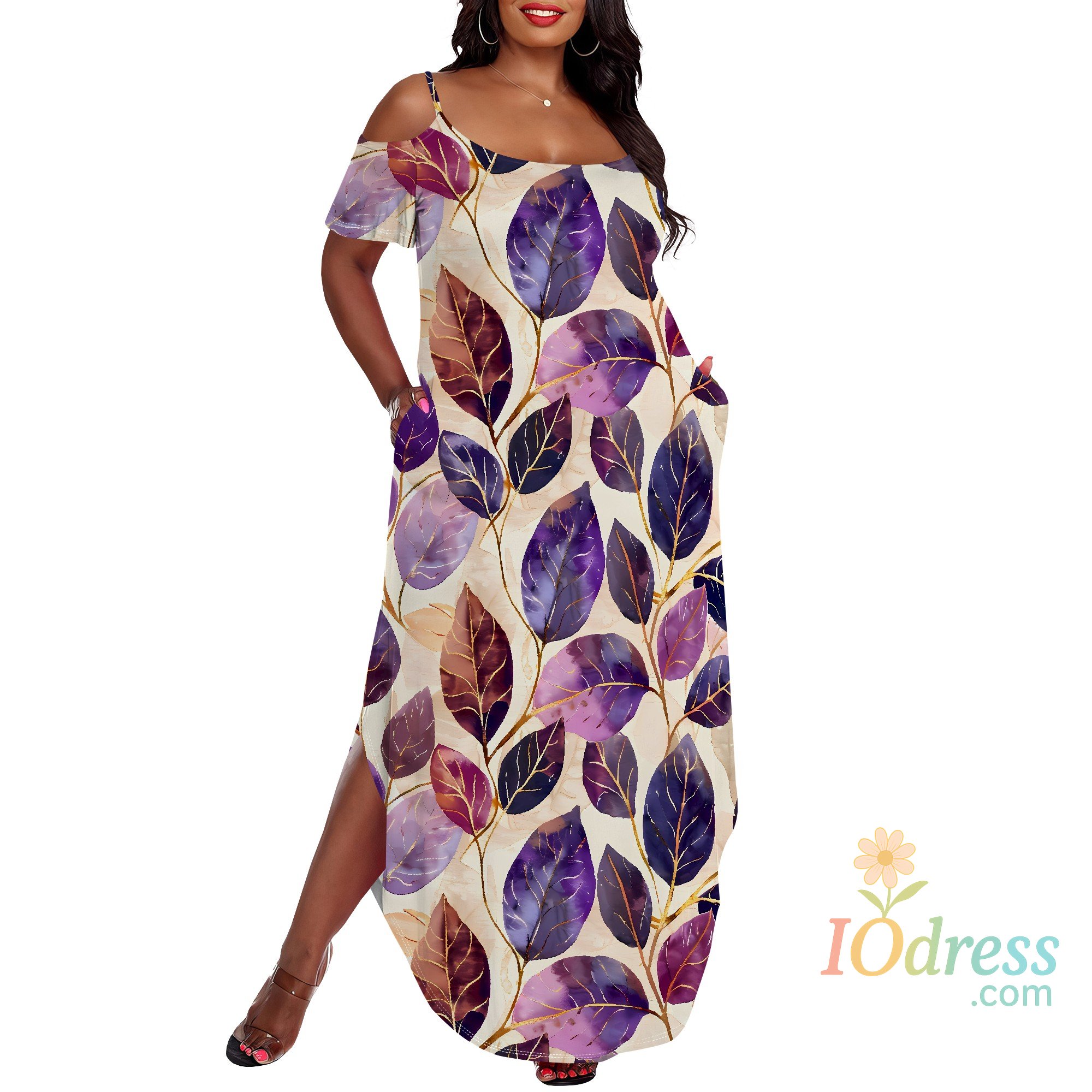 IO Dress Plus Size Cold Shoulder Maxi Dress for Women Boho Leaf Print Spaghetti Strap Loose Summer Holiday Dress with Side Slit IO Dress
