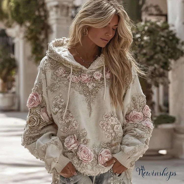 Women's Vintage Floral Embroidery Art Casual Hoodie