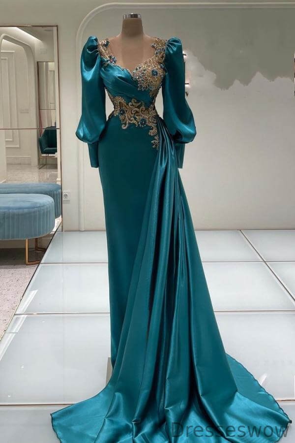 Dresseswow Jade Long Sleeves Mermaid Evening Dress With Beadings Ruffles