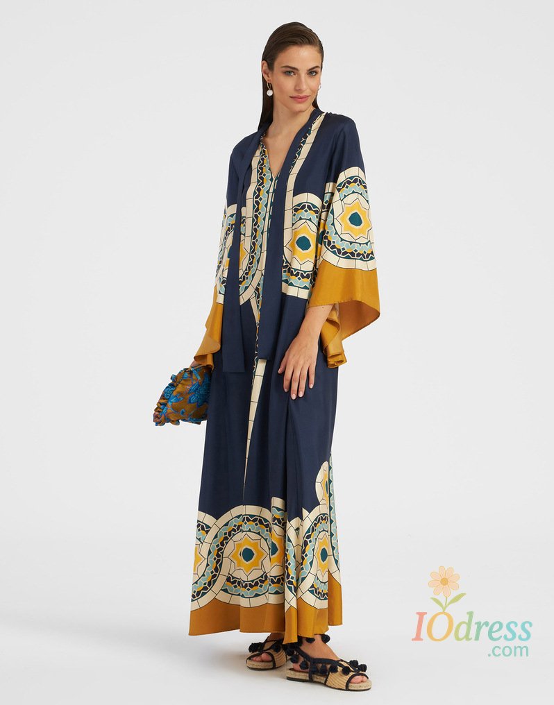 IO Dress Fashion Vintage Print Long Dresses Women Stand Collar Leace-up Irregular Sleeves Loose Maxi Dress Trendy Lady Commuting Vestidos IO Dress