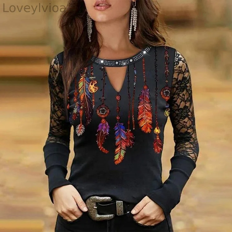 Ladies Fashion Retro Lace Stitching Printed Long Sleeve Top