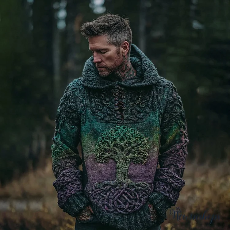 Men's Viking Celtic Knot Tree Of Life Gradient Knitted Warm Hooded Sweater