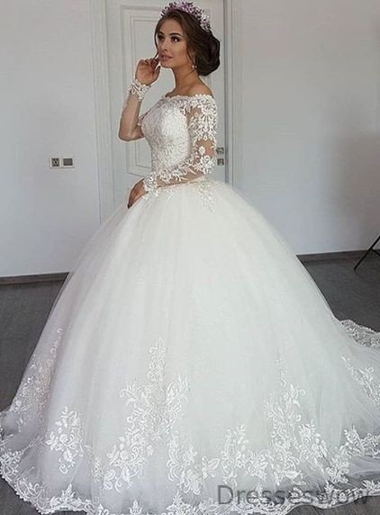 Dresseswow Beautiful Long Sleeves Off-the-Shoulder Ball Gown Wedding Dress Lace Appliques